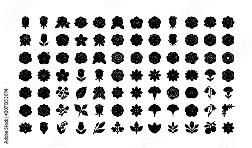 Black Rose Tattoo Silhouettes Collection with Floral Blossom Leaf and Stem Vector Icons