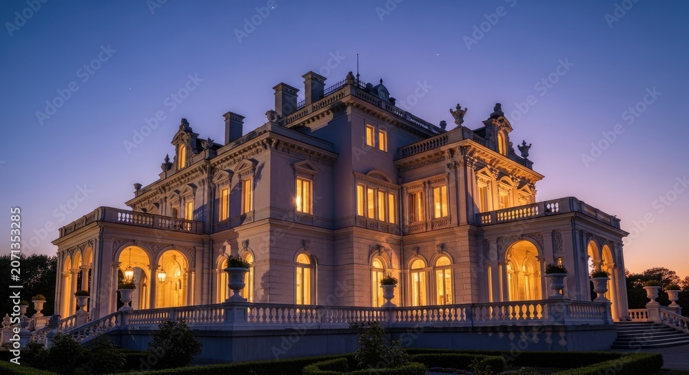 Obraz premium Elegant mansion at dusk with illuminated windows and landscaped grounds