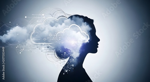 Silhouette of woman profile head with glowing digital rain and storm cloud brainstorming