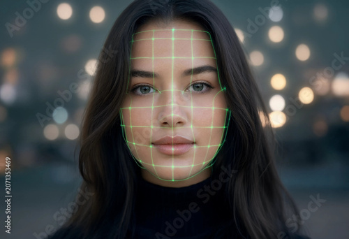 Woman with facial grid overlay on screen looks directly ahead