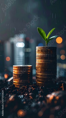 Coins with green plant growth finance.
