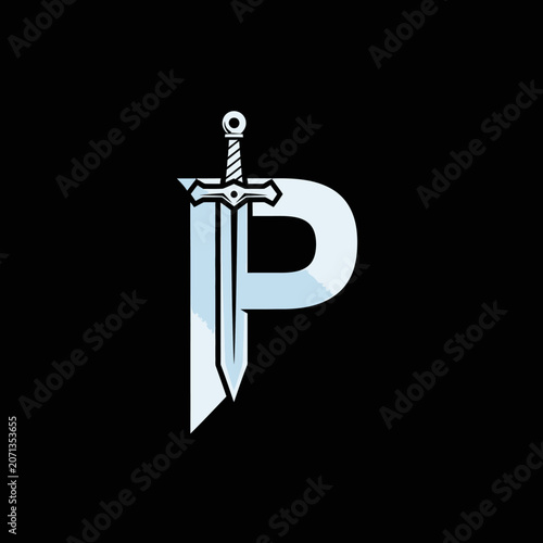 Creative letter P logo combined with a sword blade.