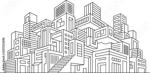 Canvastavla Abstract futuristic city isometric line art buildings cityscape drawing with geometric blocks for modern urban architectural