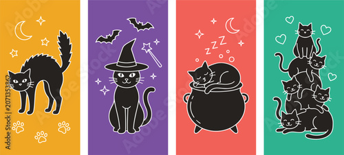 Halloween Black Cat Character Scene Vector Illustration Set with Spooky Cat Witch Cat Cauldron Cat and Cat Family for Card Design