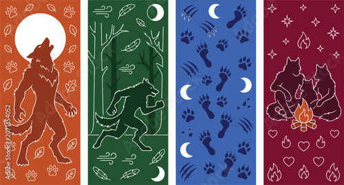 Halloween Werewolf Scene Vector Illustration Set with Howling Wolf Full Moon Forest Paw Prints and Werewolf Campfire for Card and Party Design