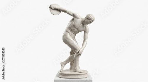 Classical marble sculpture of an ancient Greek discus thrower, isolated on a white background.