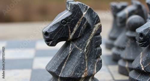 Macro shot of black marble knight chess piece on wooden chessboard setup