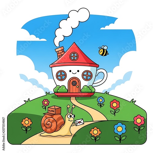 Cute smiling teacup cottage home with a chimney emitting smoke sitting on a vibrant grassy hill while a friendly snail mail carrier delivers a letter on a bright sunny day