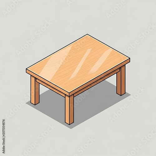 Isometric wooden table featuring a polished smooth surface grain texture with clean lines and a minimalist aesthetic rendered in a simple vector art style isolated against a neutral gray background.