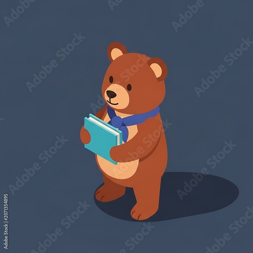 Brown teddy bear character with a blue scarf standing upright while holding a small light blue book in a clean isometric 3d style against a solid dark navy blue background.