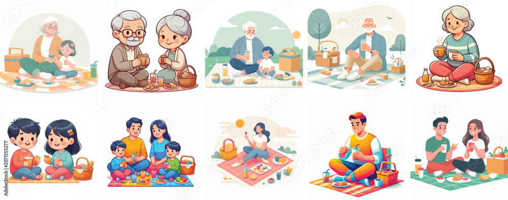 Fototapeta premium Vector of a family sitting on a picnic mat enjoying snacks and drinks. Vector, illustration, minimalist, flat