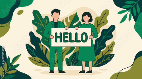 Quadro su tela Man and woman holding 'Hello' sign in green nature-inspired illustration