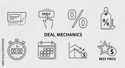 Business and finance concept icons representing deal mechanics discounts and price optimization
