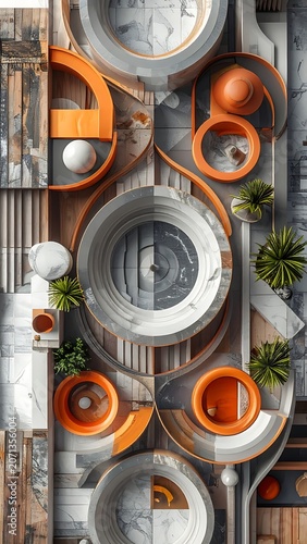 Industrial machinery with orange accents overhead.