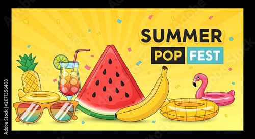 Summer pop fest promotional banner card with watermelon lemon drink beach accessories