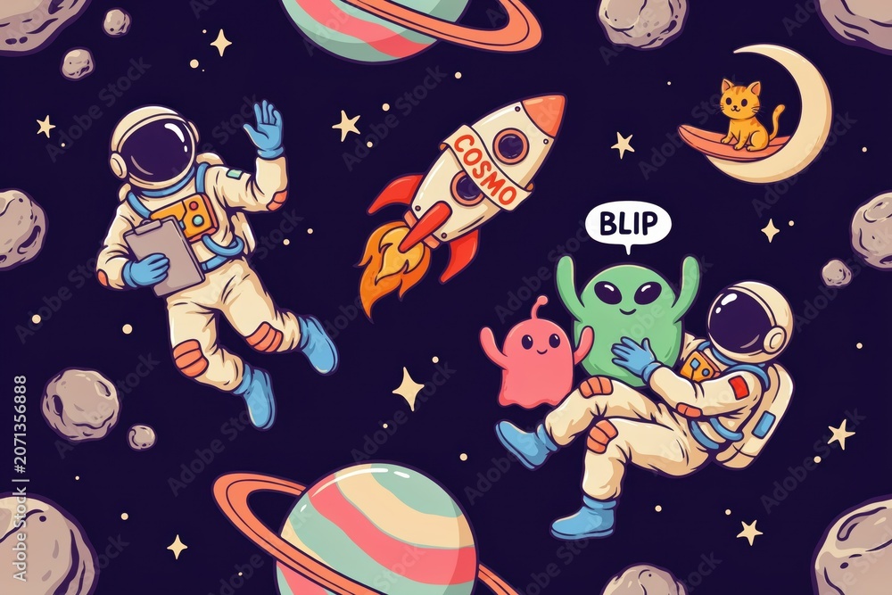 Fototapeta premium Space pattern with astronauts holding clipboards, aliens, a cat on a crescent moon, and planets on a dark blue background, with floating asteroids
