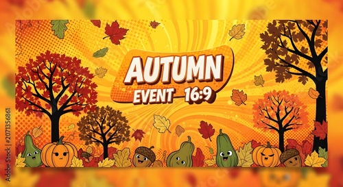 Autumn event promotional banner template cartoon fall leaves harvest characters background