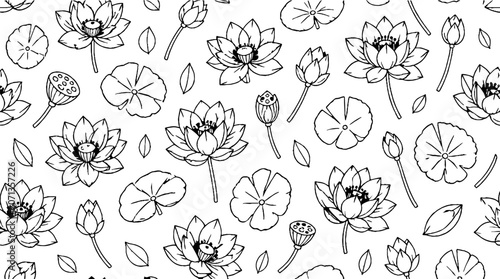 Detailed black and white water lily and lotus pattern.