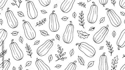 Hand drawn zucchini and leaves pattern illustration.