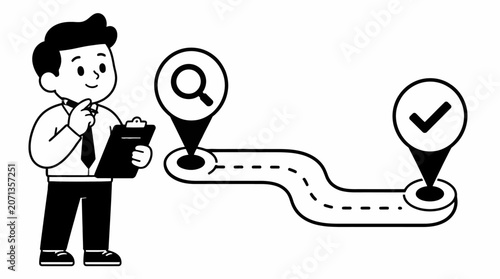 Businessman holding clipboard with location pins and checkmark.