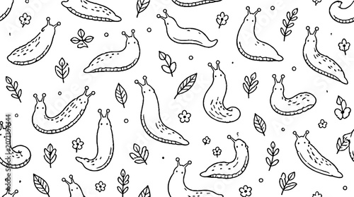 Hand drawn pea pods and leaves pattern design.