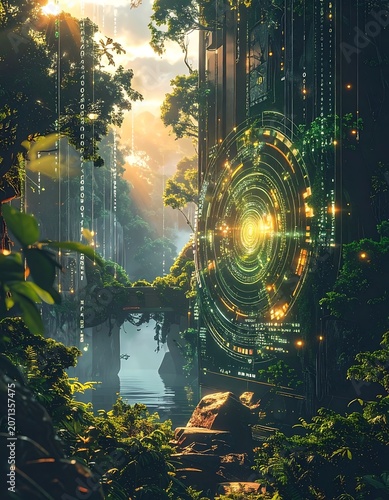 Futuristic ancient temple with glowing portal.