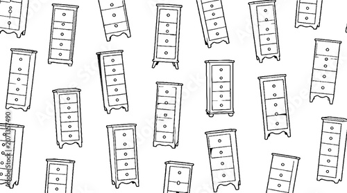 Repeating Pattern of Wooden Dressers with Drawers.