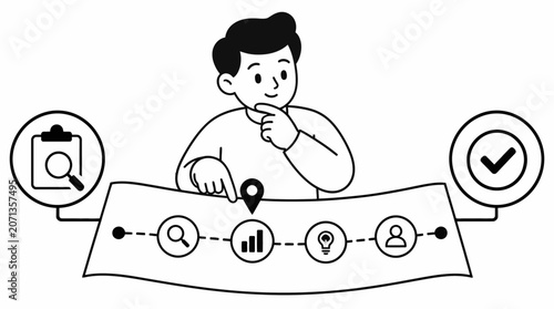 Person analyzing data on a digital interface with icons.