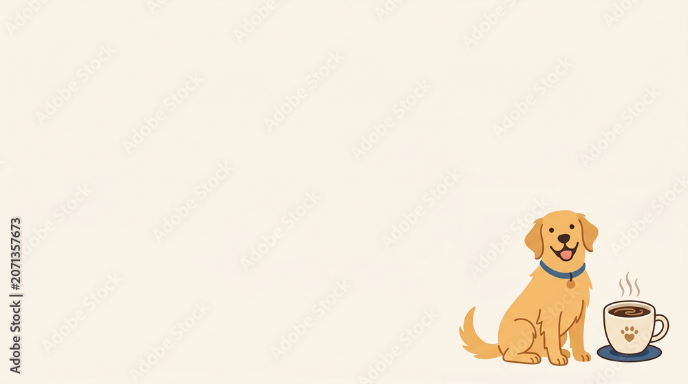 Obraz premium Cute Puppy Sitting Beside Coffee Cup with Large Copy Space Vector Illustration