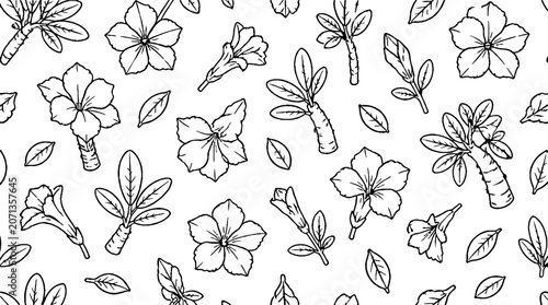 Tropical flowers and palm leaves black and white illustration.