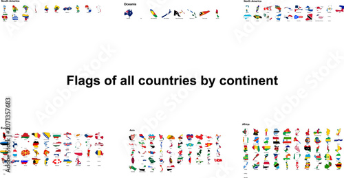 Cuadro en lienzo World map silhouette flag poster chart infographic arranged by continent for int