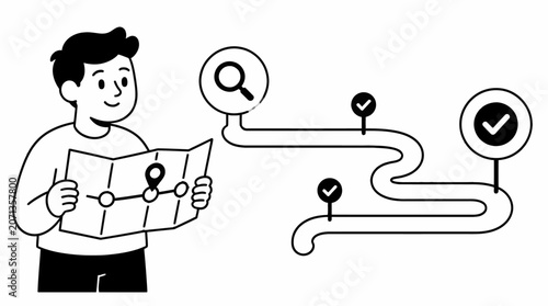 Man holding map with navigation path and checkpoints.