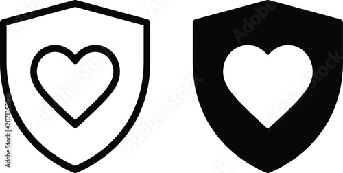 Heart icons encased in protective shields represent love and wellness in a dual graphic composition.