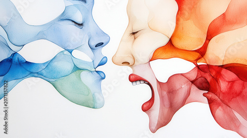 Abstract watercolor painting depicting two faces in vibrant colors, expressing contrasting emotions of calmness and intensity