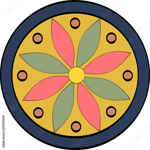 Mandala-Inspired Geometric Design A vibrant circular motif featuring eight petal-like shapes in alternating pink and green hues, surrounded by small brown circles on a yellow background.