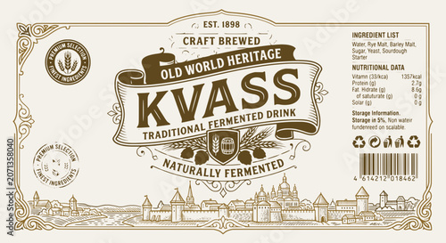 Vintage print with funny quote about kvass, capturing a rich tradition of crafting beverages flavored with humor