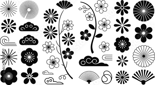 Collection of black and white Japanese style floral and nature motifs for traditional art