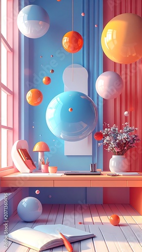 Colorful balloons floating in modern room.
