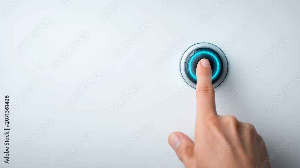 Obraz premium Finger pressing a glowing blue button, symbolizing activation, initiation, and control in a minimalist, futuristic design