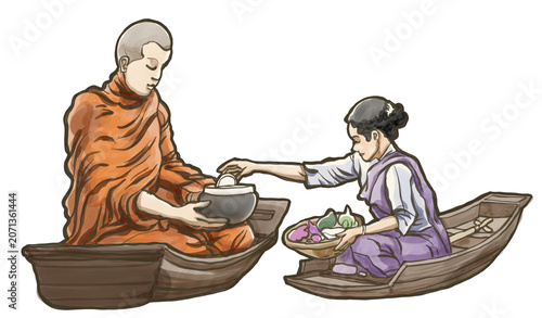 Quadro su tela Watercolor Illustration of Buddhist Monk Receiving Alms on Traditional Wooden Bo