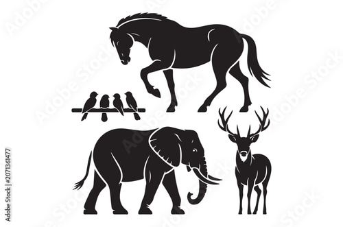 Animal Silhouettes Horse Elephant Deer And Birds On White Background