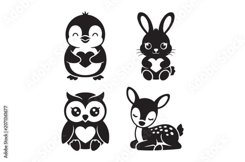 Animal Silhouettes Penguin Rabbit Owl And Fawn In Black And White