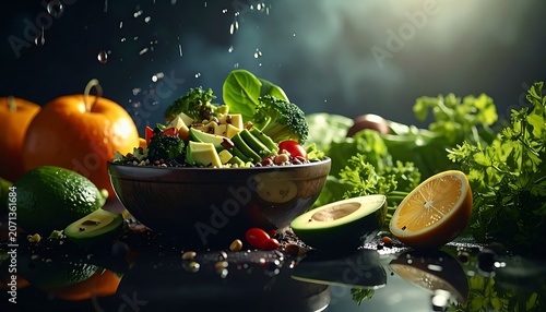 Fresh vegetables and fruits on table.