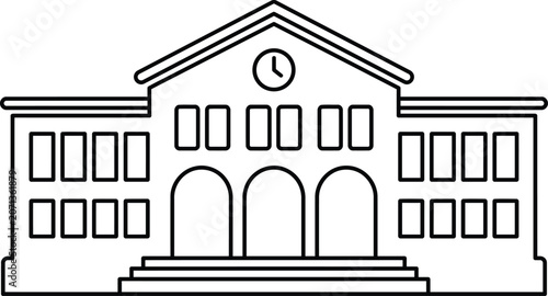 Εκτύπωση καμβά Educational building line art vector with clock tower detail featuring windows archways and grand entrance stairs icon
