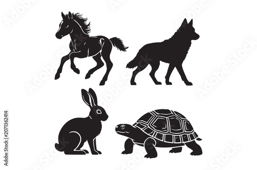 Animal Silhouettes Horse Wolf Rabbit And Turtle On White Background