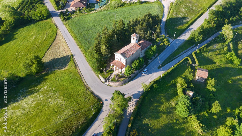 Fototapeta premium Aerial View of a Rural Church in the Piedmont Countryside