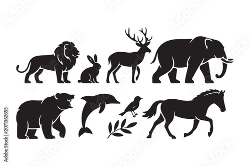 Animal Silhouettes On White Background Collection Of Wildlife Shapes