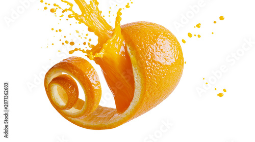 Obraz na plátne Orange peel spiral with juice splash, isolated on transparent background