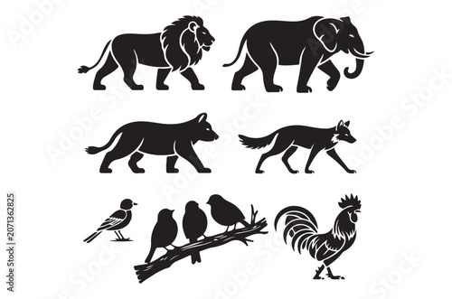 Animal Silhouettes Lion Elephant Wolf And Bird Shapes On White Background