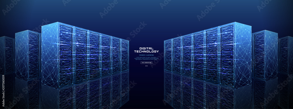 Naklejka premium Data center server room background with digital server racks, abstract tech network and cloud infrastructure. Futuristic technology design for AI computing, enterprise data processing, cybersecurity